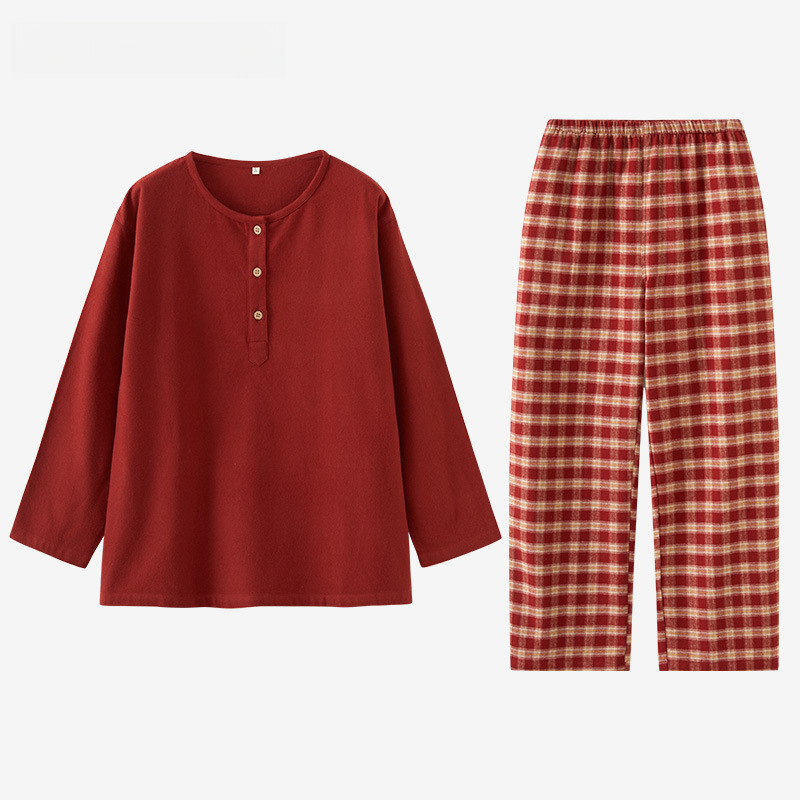 女士春秋純棉磨毛紅色圓領長袖長褲居家服