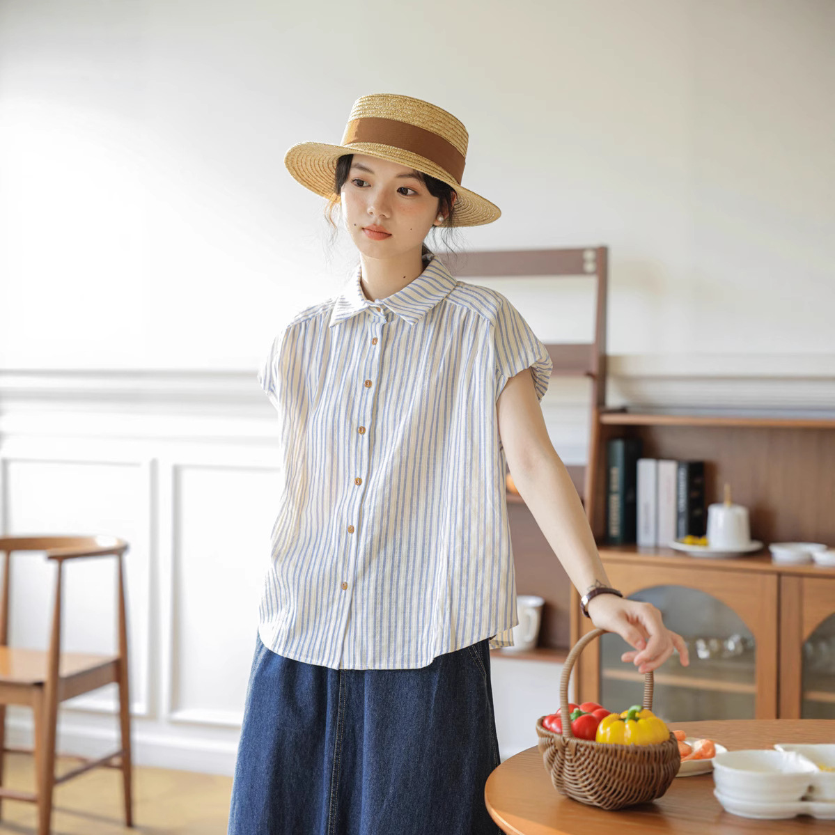 女百搭條紋短袖襯衫