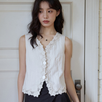 女夏褶皺肌理V領蕾絲花邊背心