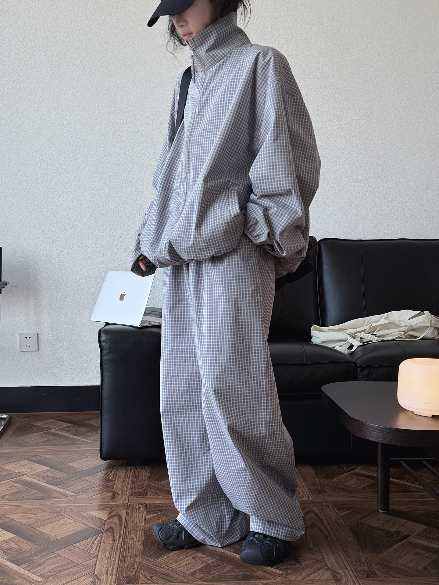 女夏細格紋寬鬆闊腿長褲