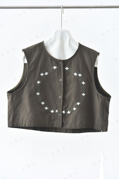 女士春秋花環刺繡純棉馬甲