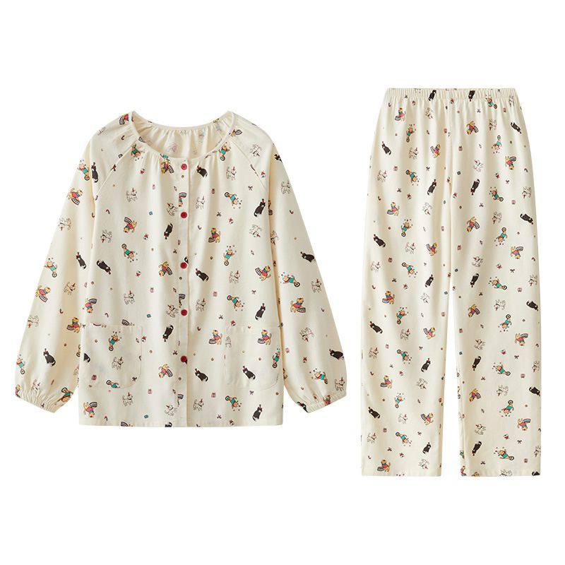 女士秋冬全棉磨毛絨布馬戲團圓領長袖長褲居家服