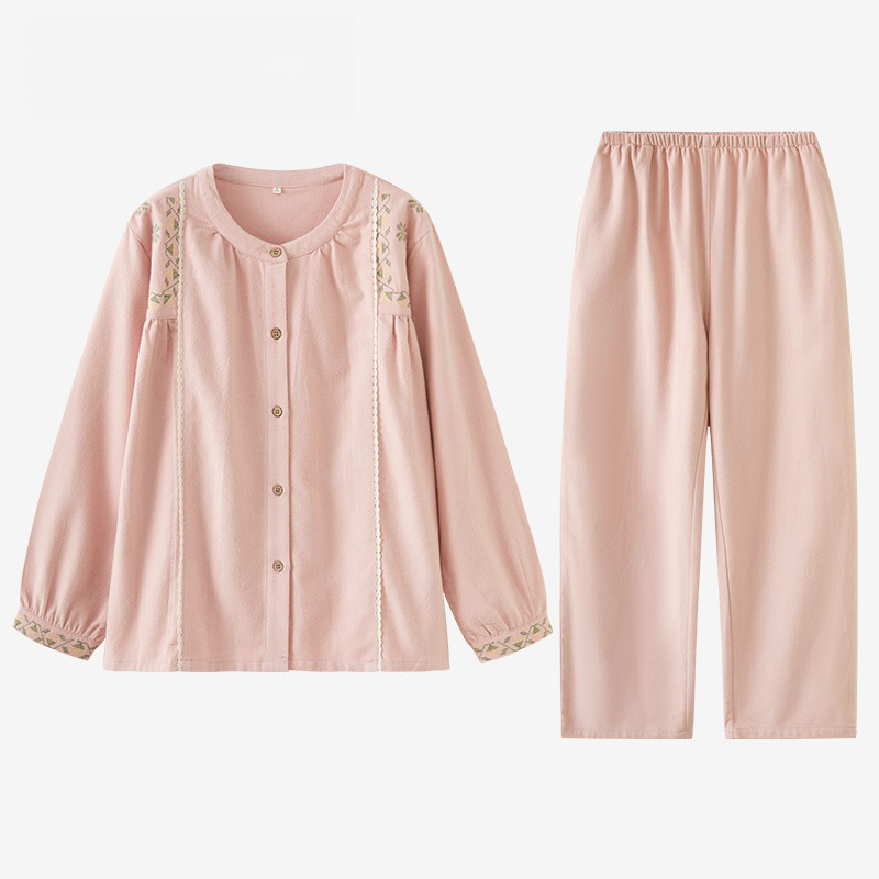 女士秋冬純棉磨毛刺繡袖口長袖長褲居家服