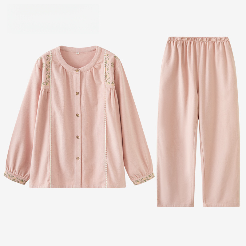 女士秋冬純棉磨毛刺繡袖口長袖長褲居家服