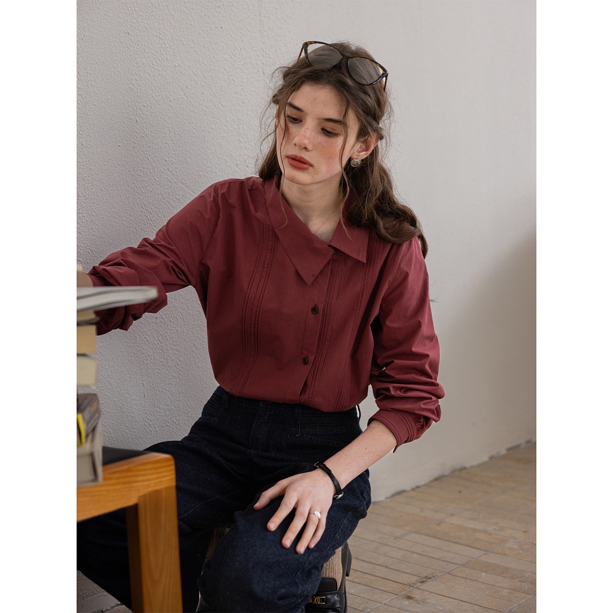 女春秋百褶斜門襟歪領長袖襯衫