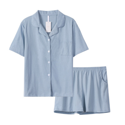 情侶款夏純棉短袖短褲開衫居家服