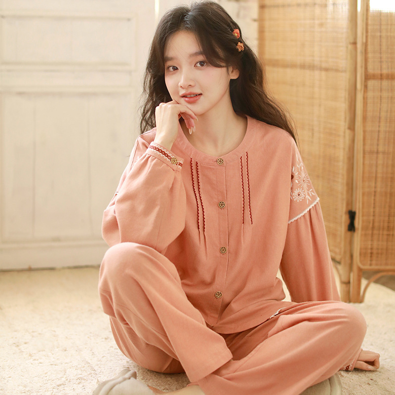 女春秋純棉磨毛復古花邊居家服