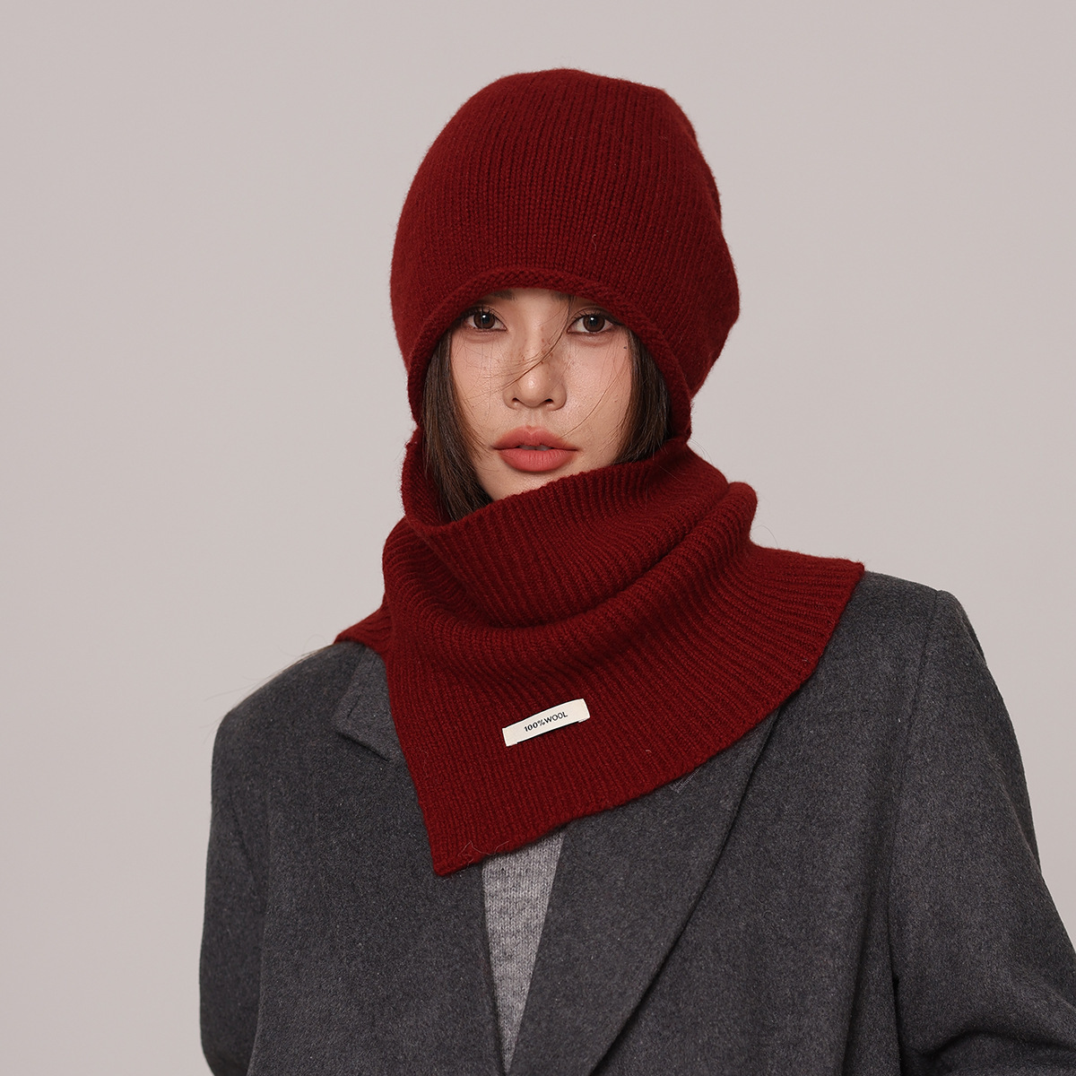 秋冬100%純羊毛帽子圍巾2件套