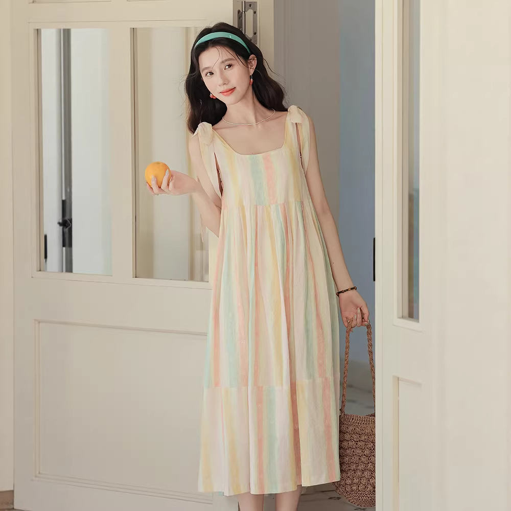 春夏多巴胺彩虹條紋無袖連衣長裙