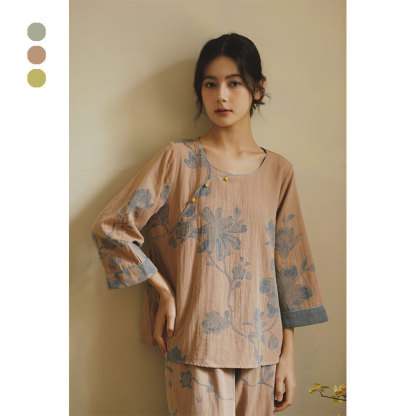 女士古風玉蘭花印花長袖圓領居家服套裝