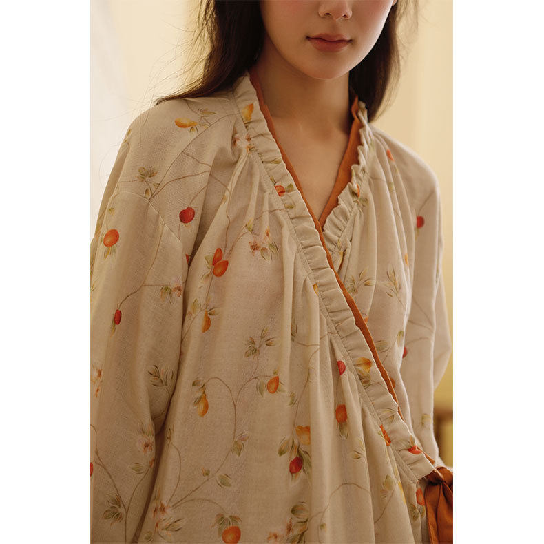 女棉紗斜襟繫帶石榴花和服長袖睡裙