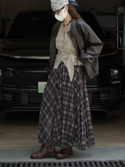 女士秋季法式格子大擺半身裙