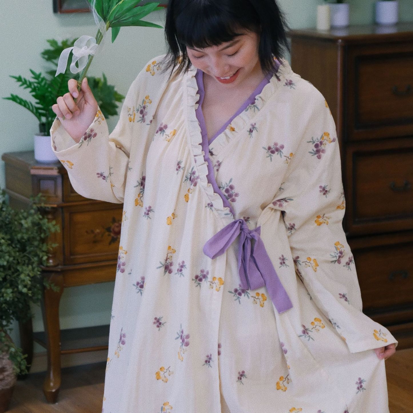 女士春秋國風長袖高級感睡袍