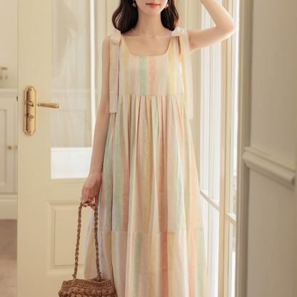 春夏多巴胺彩虹條紋無袖連衣長裙