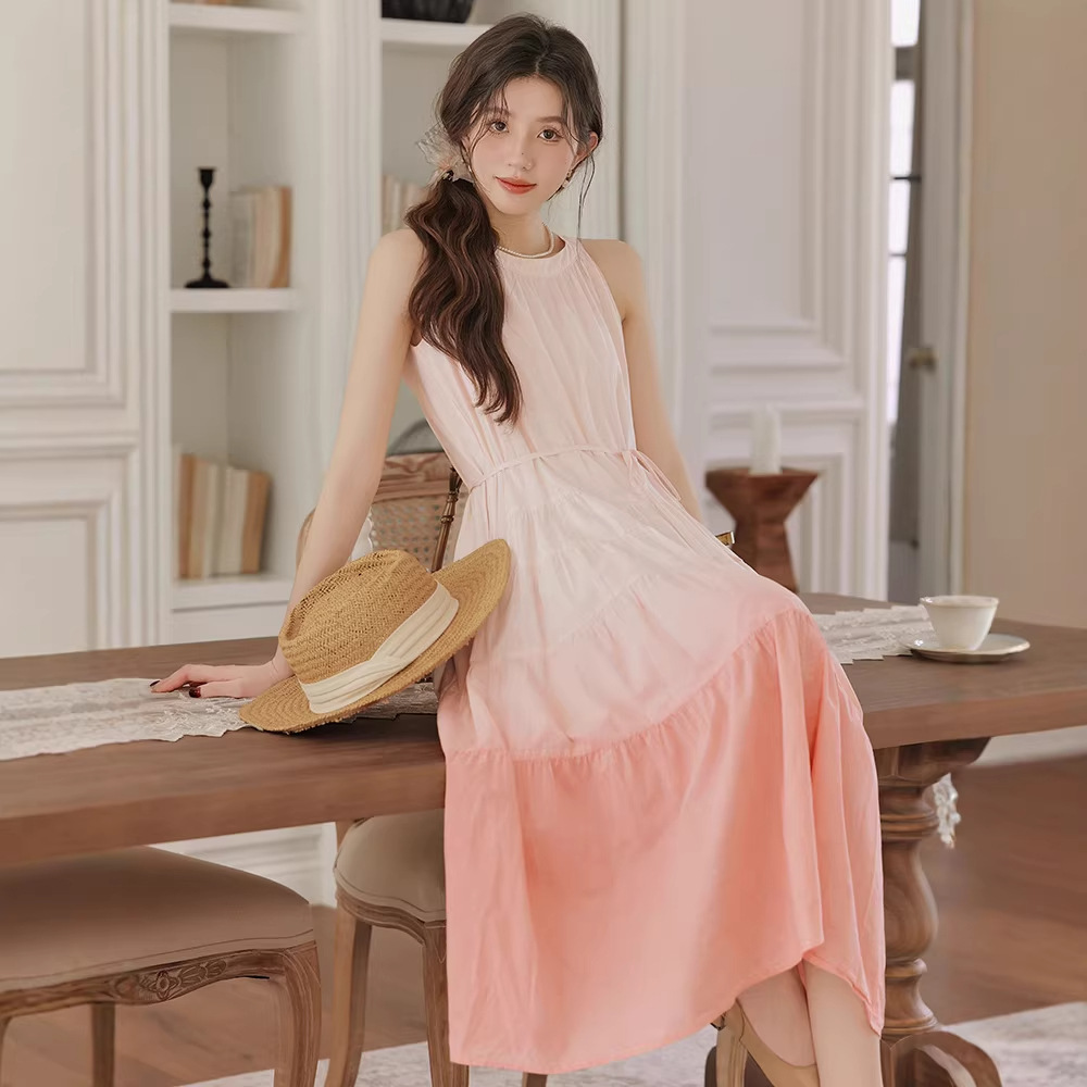 夏漸變粉無袖蝴蝶繫帶連衣裙子