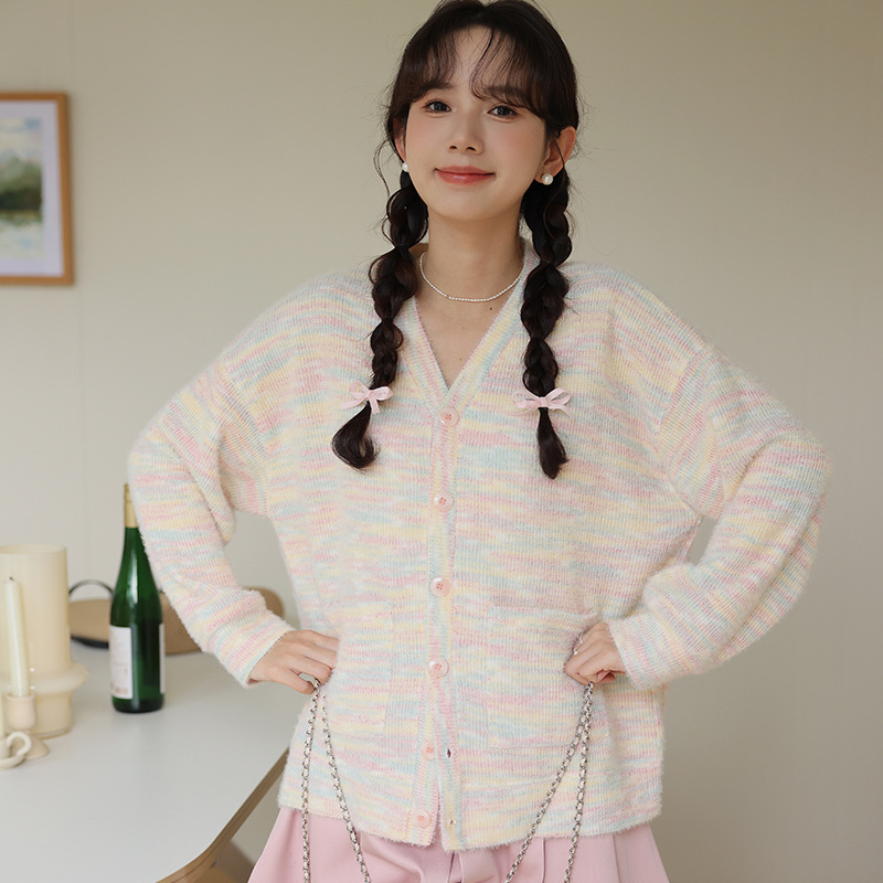 女春V領彩虹針織開衫