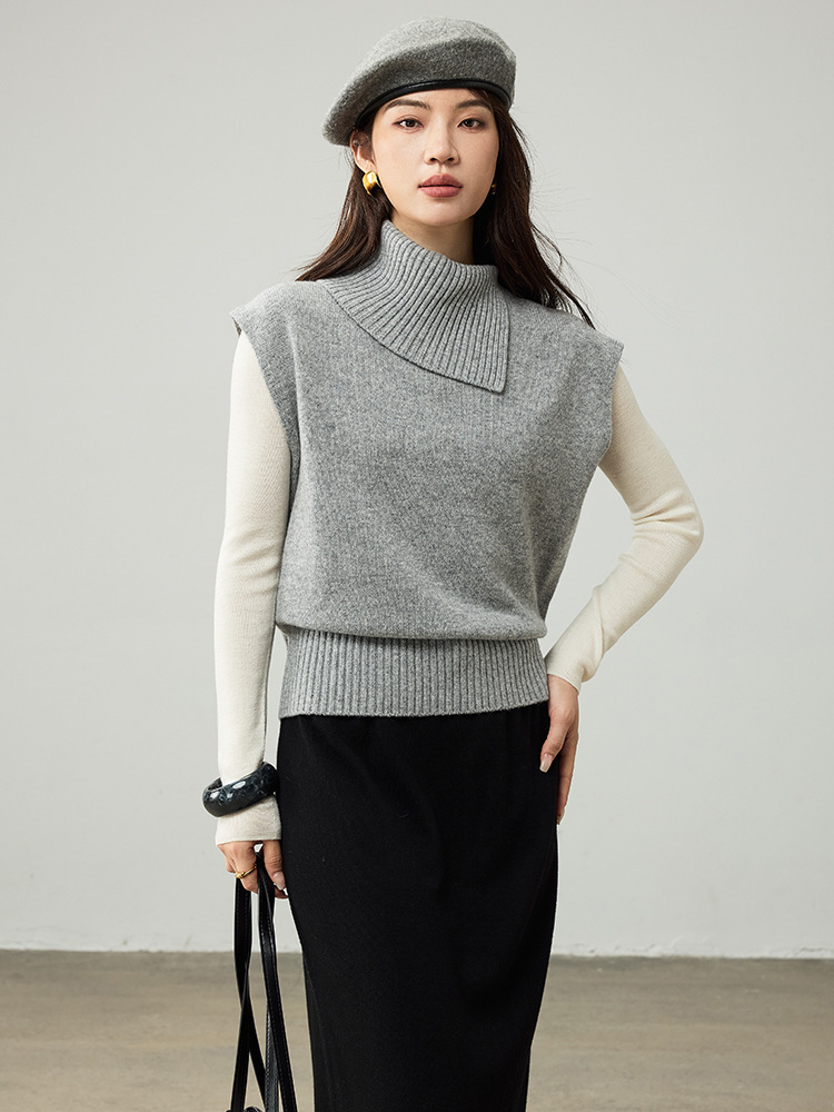 女士春秋100%羊毛翻領針織馬甲