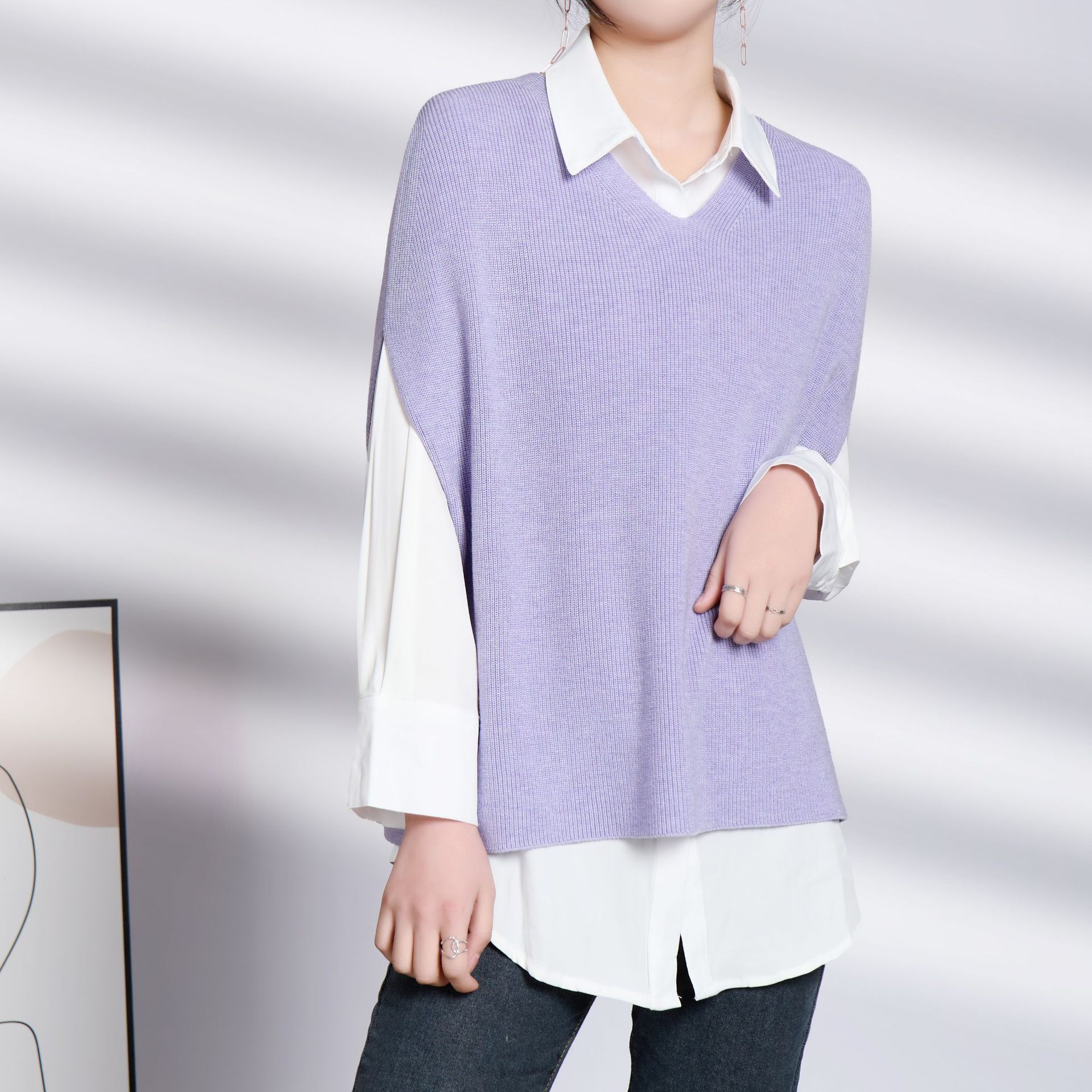 女士春秋V領寬鬆針織馬甲