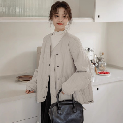 女士秋冬雙排扣小個子圓領棉衣外套