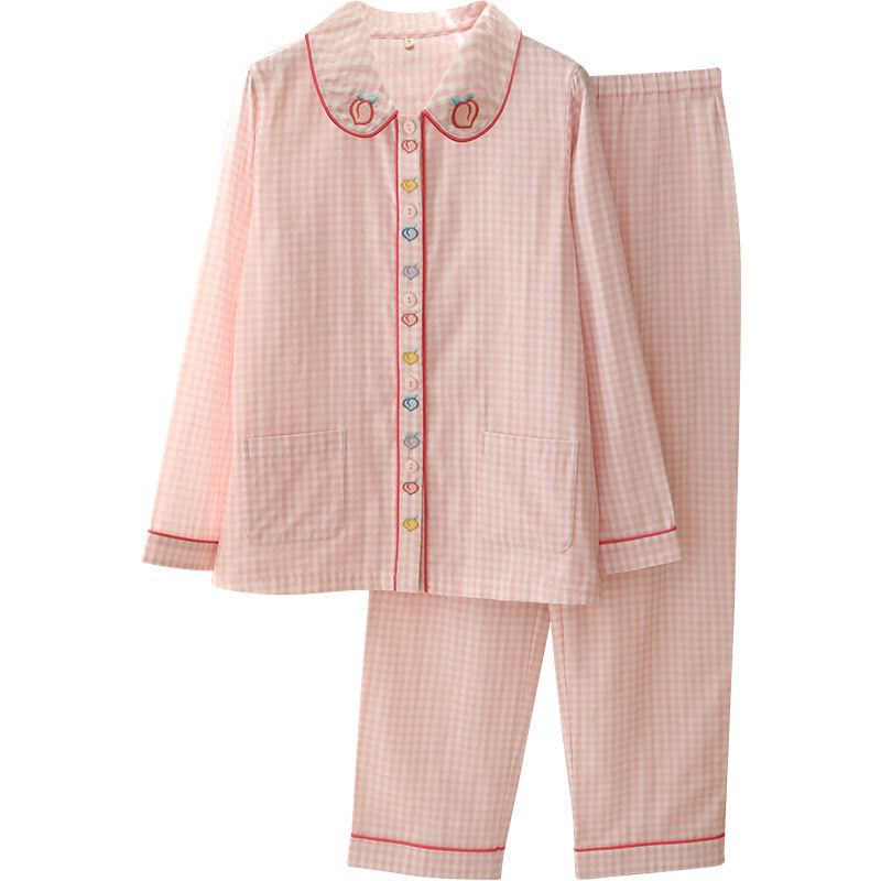 女士紗布長袖套裝簡約格子