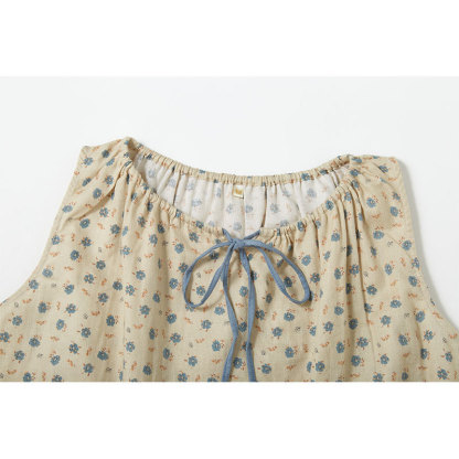 女夏舒適蝴蝶結無袖撞色印花居家套裝