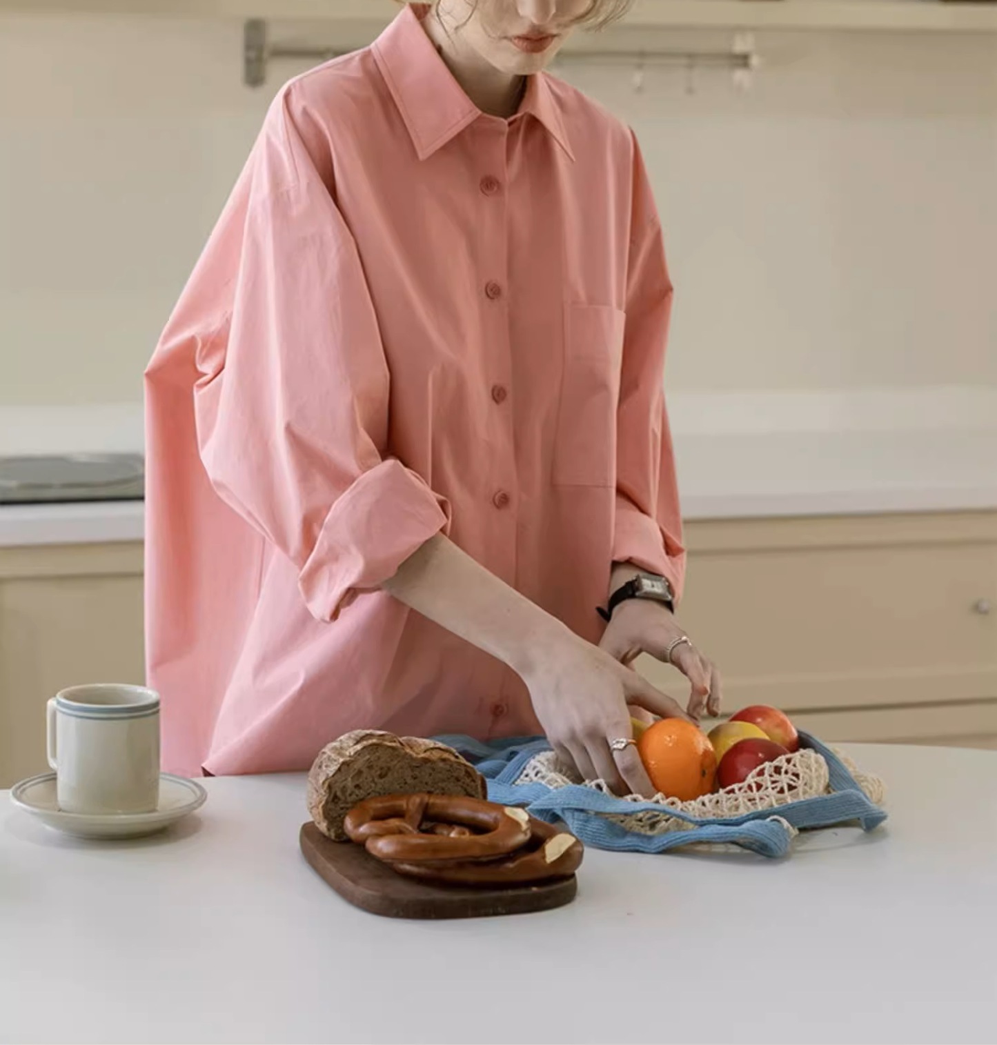 女士春季純棉蝴蝶結設計粉色襯衫