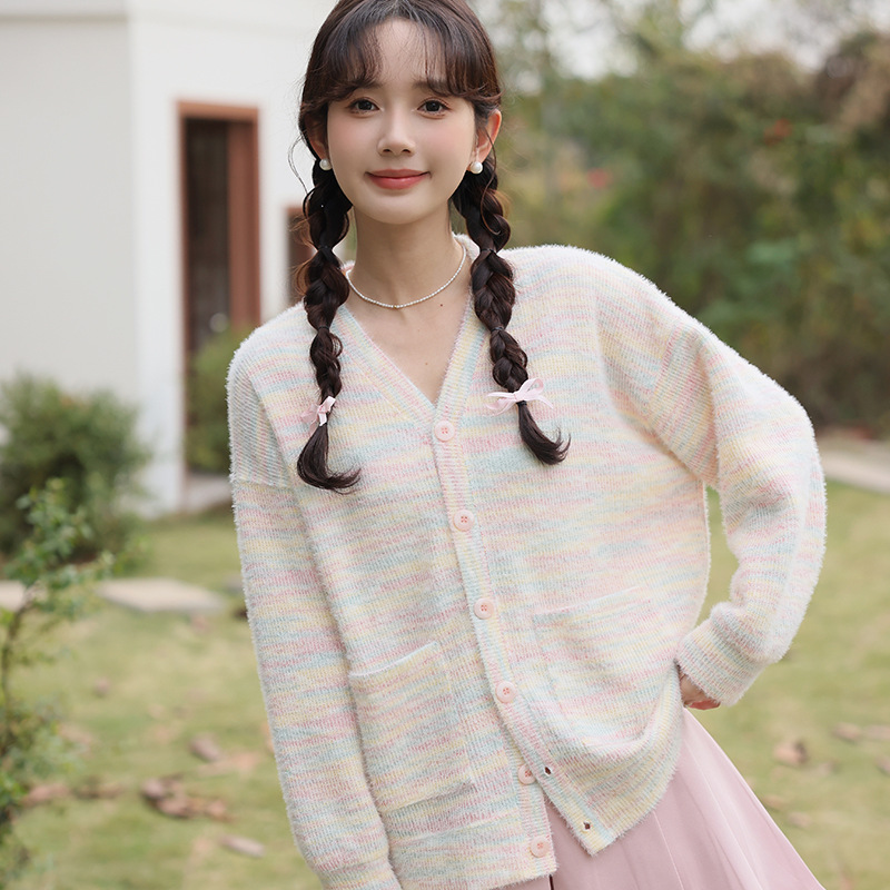 女春V領彩虹針織開衫