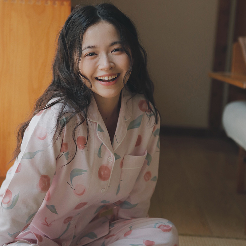女士春秋冬純棉磨毛甜桃翻領長袖長褲居家服