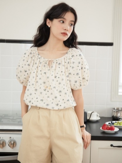 女半開領綁帶碎花短袖襯衣