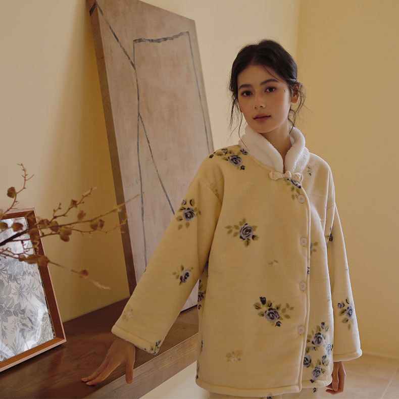 女士冬季古風韻印花立領睡衣套裝
