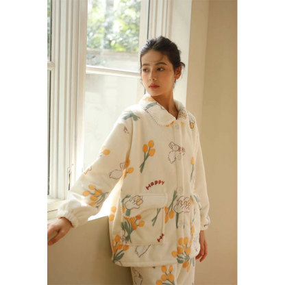 女秋冬加厚羊羔絨粉底白兔印花睡衣