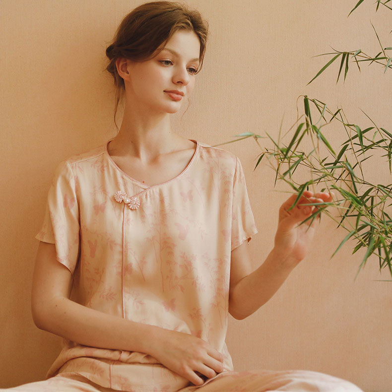 女款貢緞國風斜襟扣竹林印花睡衣套裝