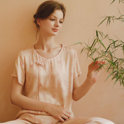 女款貢緞國風斜襟扣竹林印花睡衣套裝