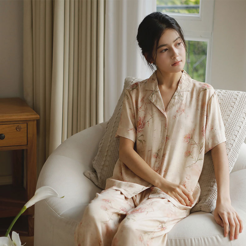 女士人棉貢緞愛麗絲玫瑰印花睡衣
