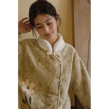 女士冬季古風印花立領睡衣套裝