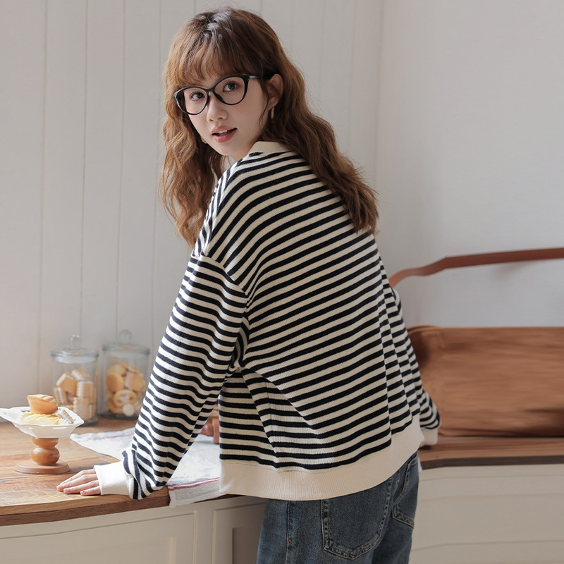 女士春秋條紋短款圓領開衫衛衣