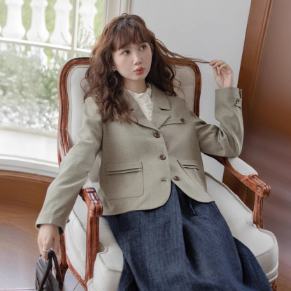 女士秋冬設計感口袋短西服外套+花邊襯衫