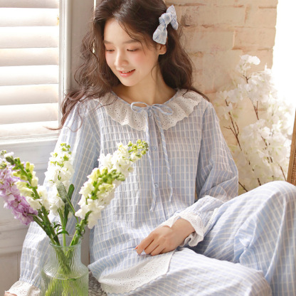 女款棉紗粉藍花邊長袖長褲睡衣套裝