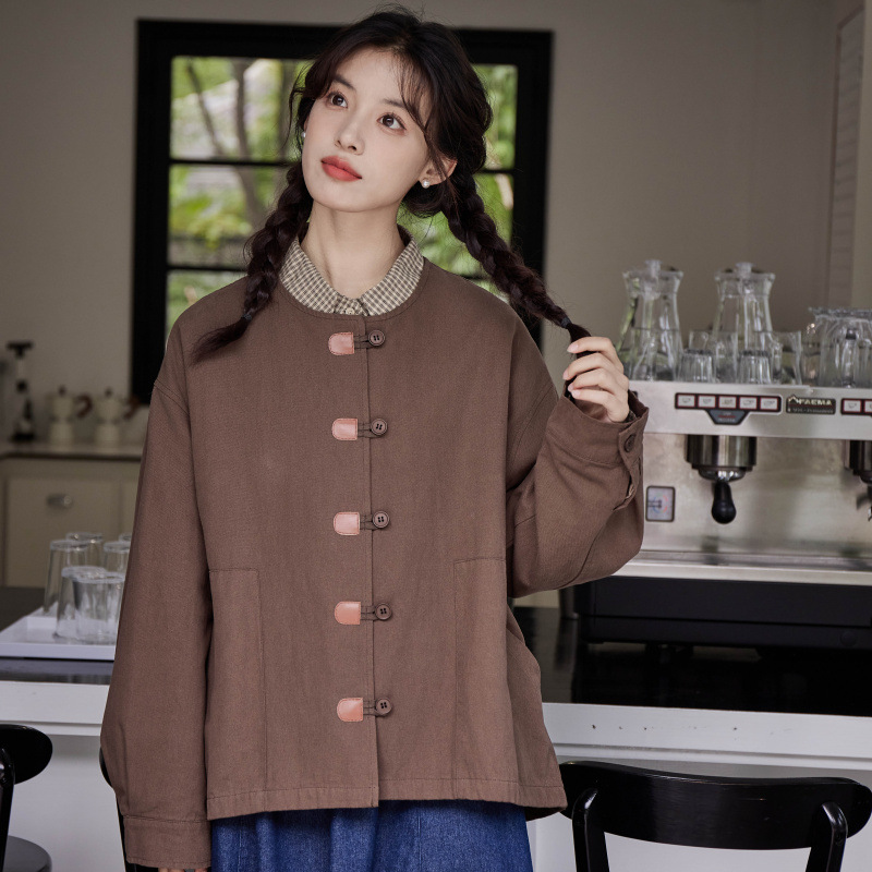 女士秋季日系復古盤口圓領外套