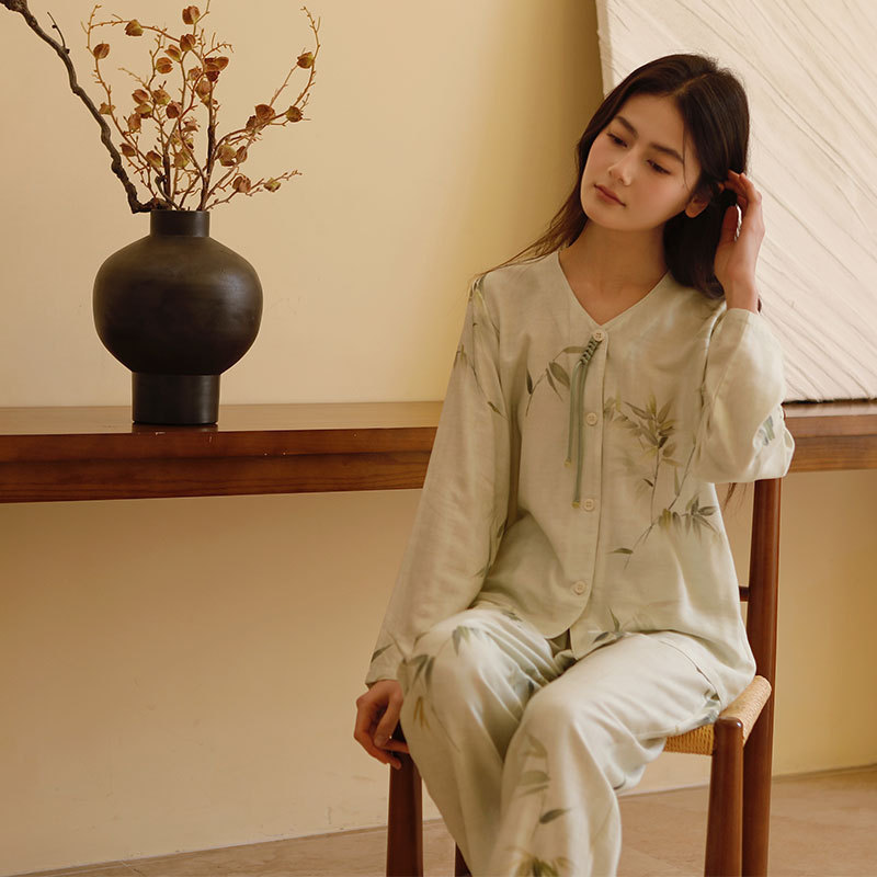 女款竹棉竹韻印花桃心領套頭長袖睡衣套裝