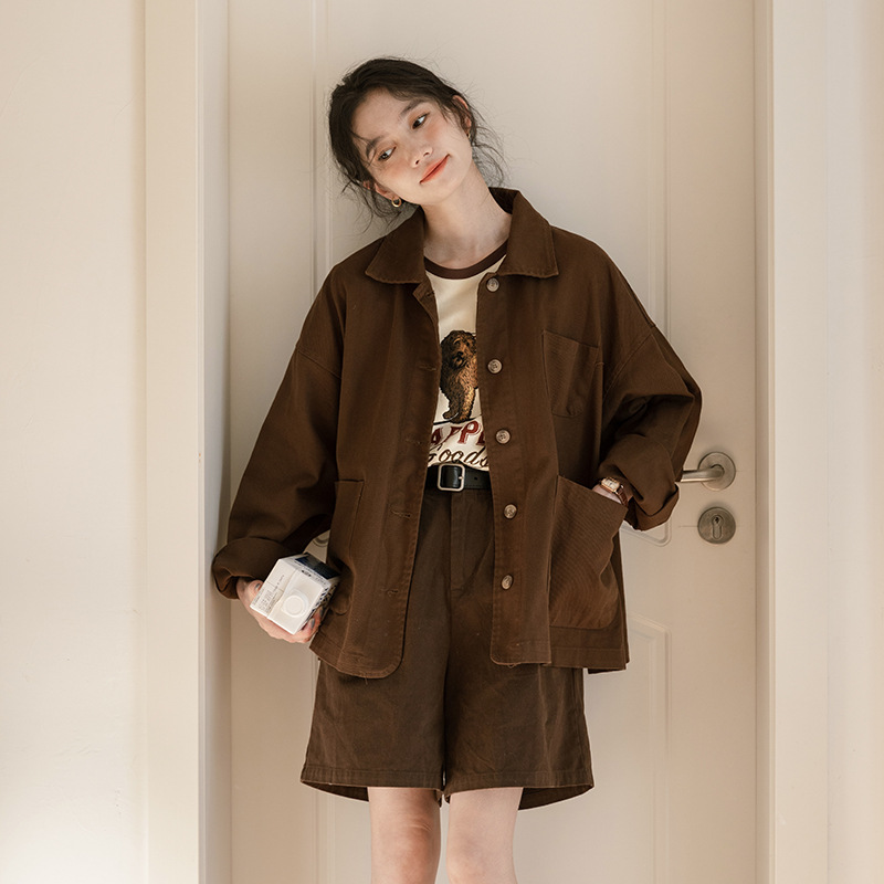 女士秋冬日系大口袋翻領工裝休閒外套