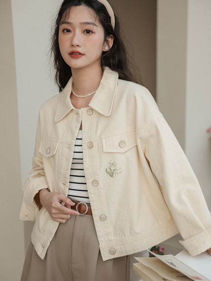 女士春秋小花刺繡短款夾克牛仔外套