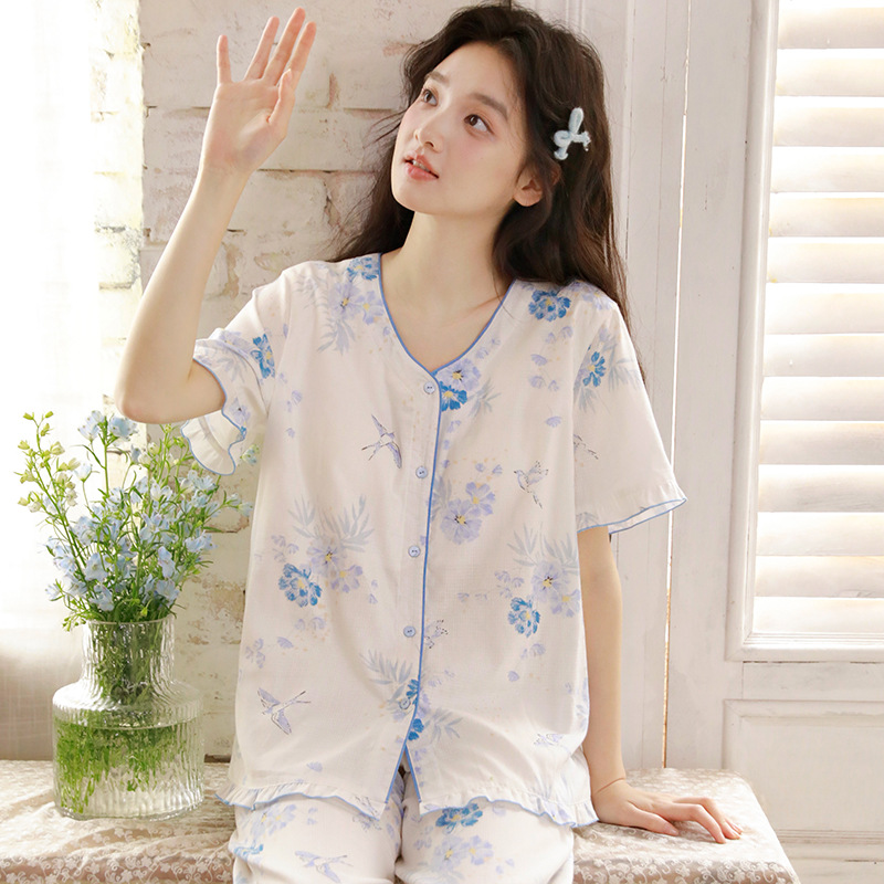 女夏季胸墊款藍花短袖居服套