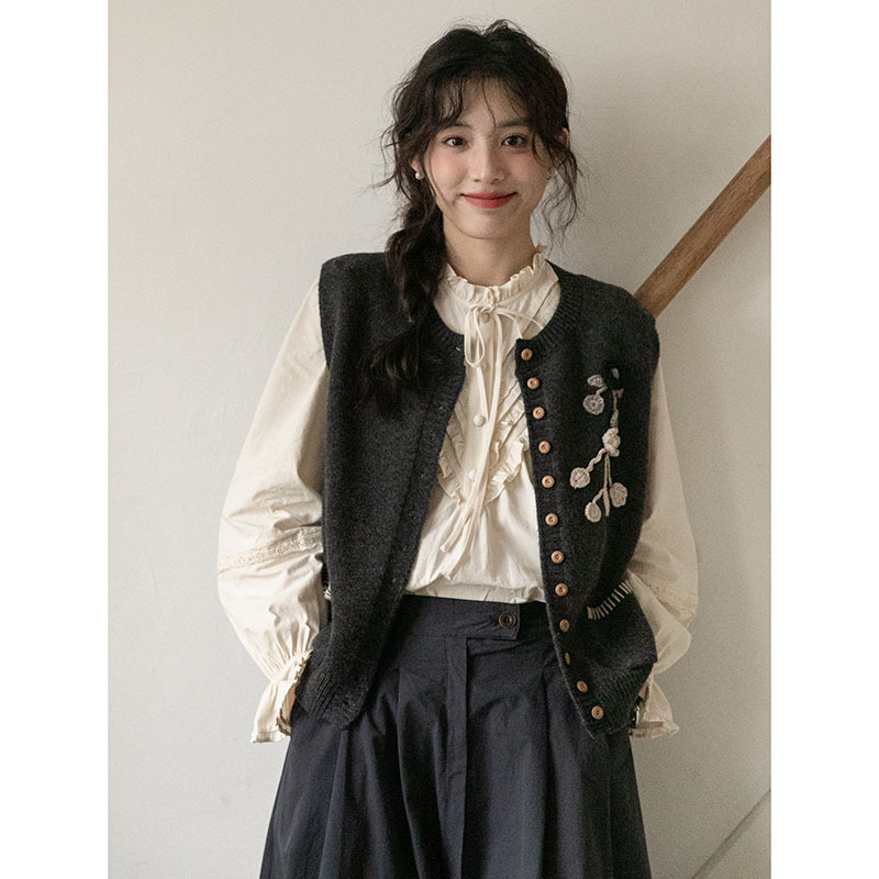 女士春季勾花刺繡明線針織開衫馬甲