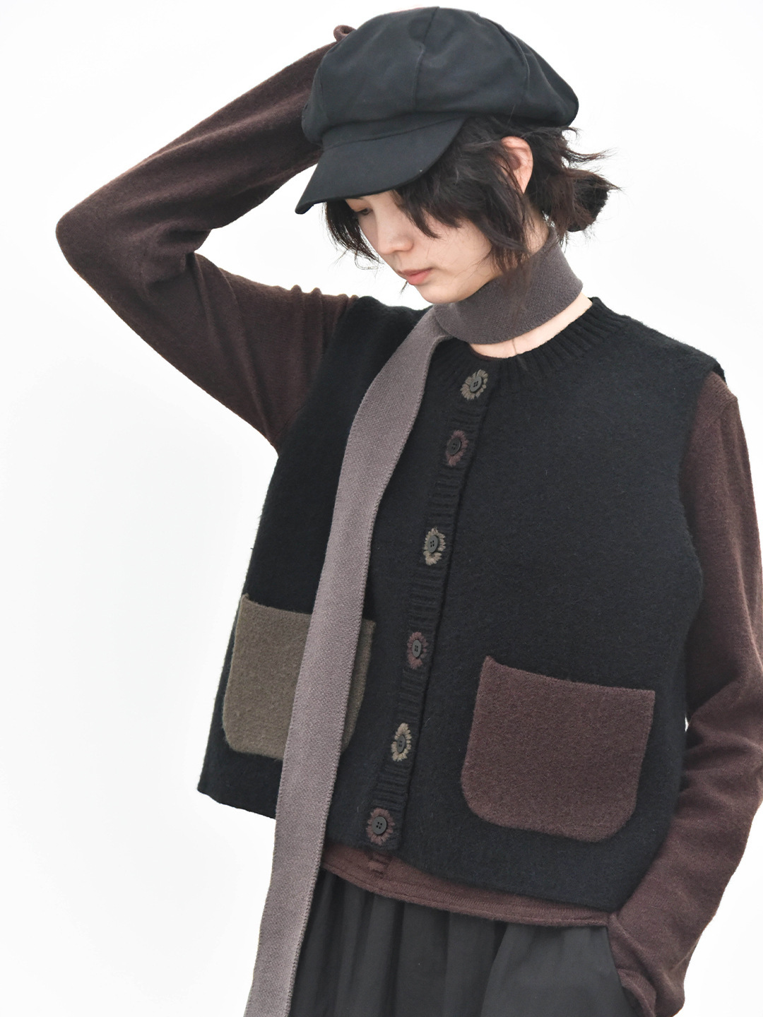 女士秋冬撞色手工扣眼針織馬甲