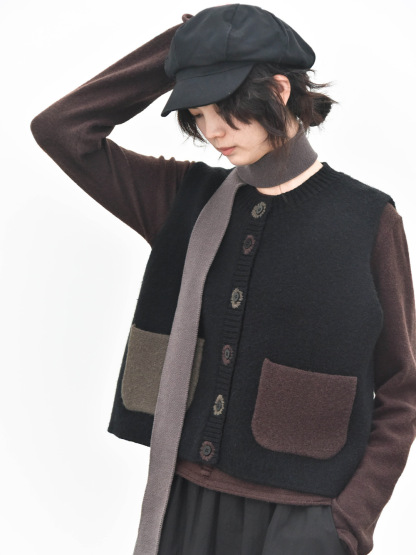 女士秋冬撞色手工扣眼針織馬甲