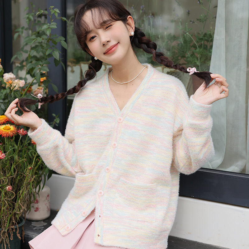 女春V領彩虹針織開衫