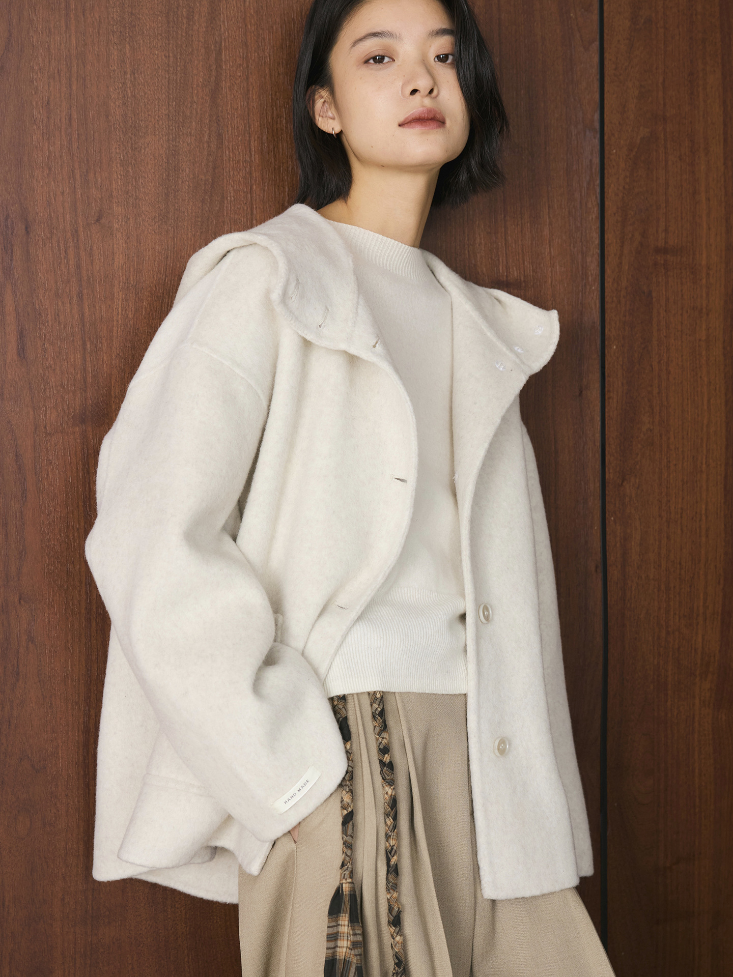 女士冬季連帽短款羊毛大衣