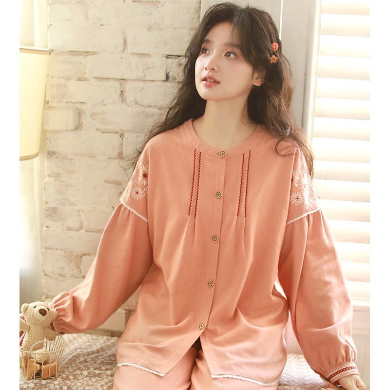 女春秋純棉磨毛復古花邊居家服