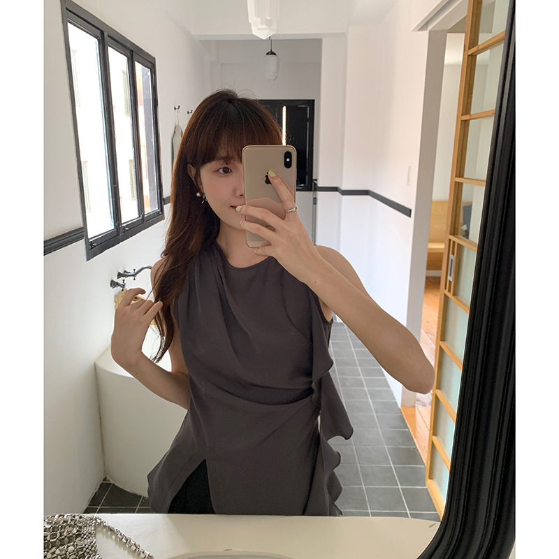 女夏不對稱荷葉邊無袖上衣